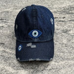 New Custom Designed Blue Distressed Baseball Cap with 2 Embroidered Evil Eyes